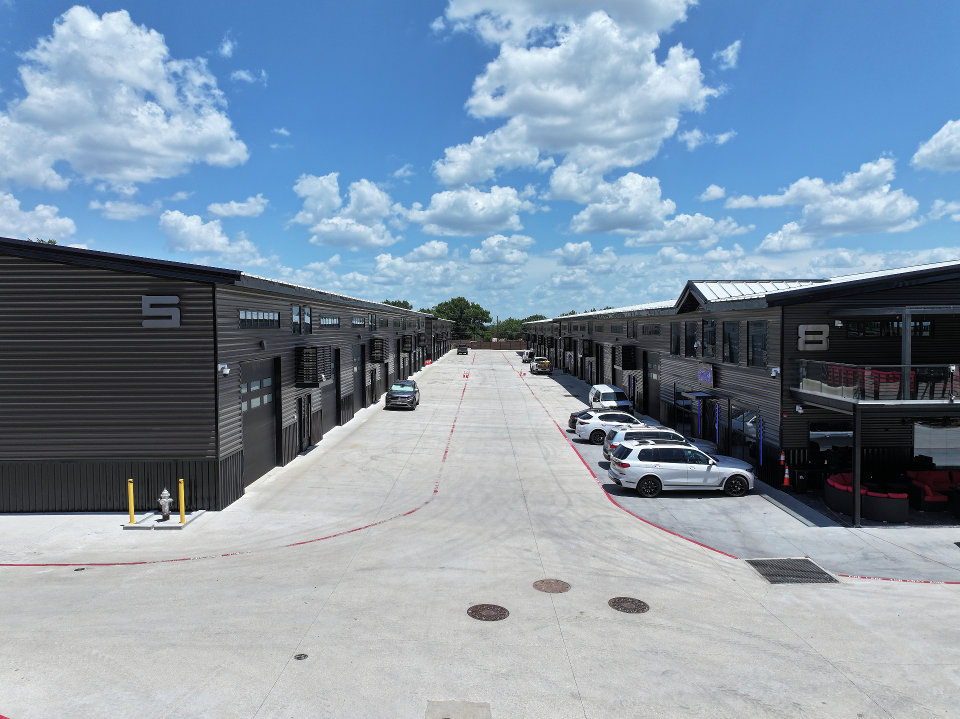 Aerial view down the alley between GOTA buildings 5 and 8
